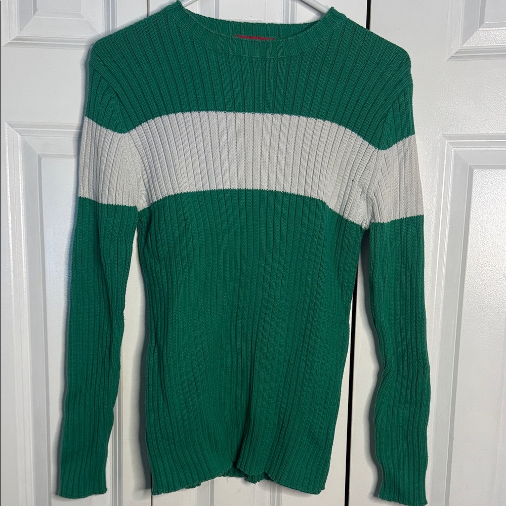 Green Ribbed Sweater with White Stripe